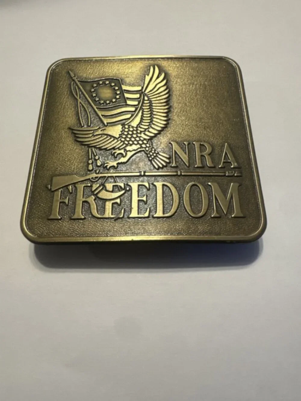 NRA FREEDOM Vintage 1970s Brass Bicentennial Belt Buckle 3 Inch Square